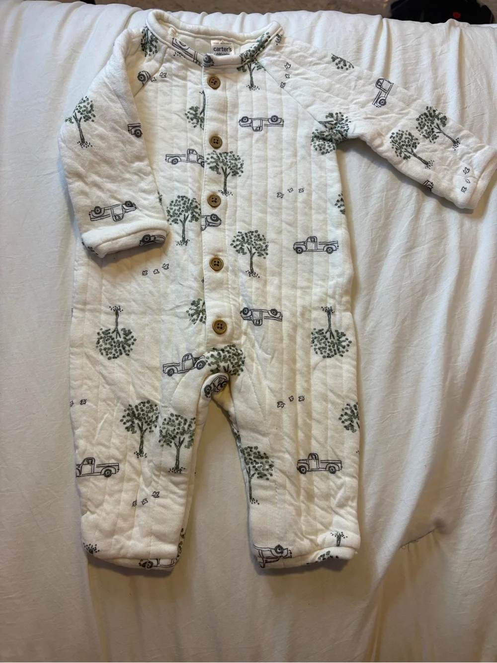 Carter's Cream Quilted One-Piece with Green Tree and Black Truck Print